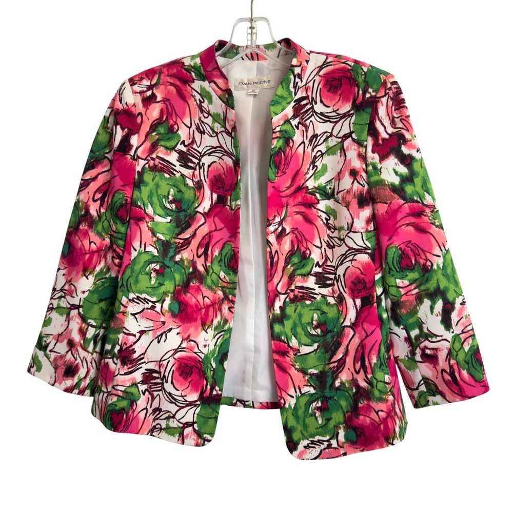 Evan-Picone Pink Green Floral Open Front Blazer Jacket Stand Collar Womens 4P